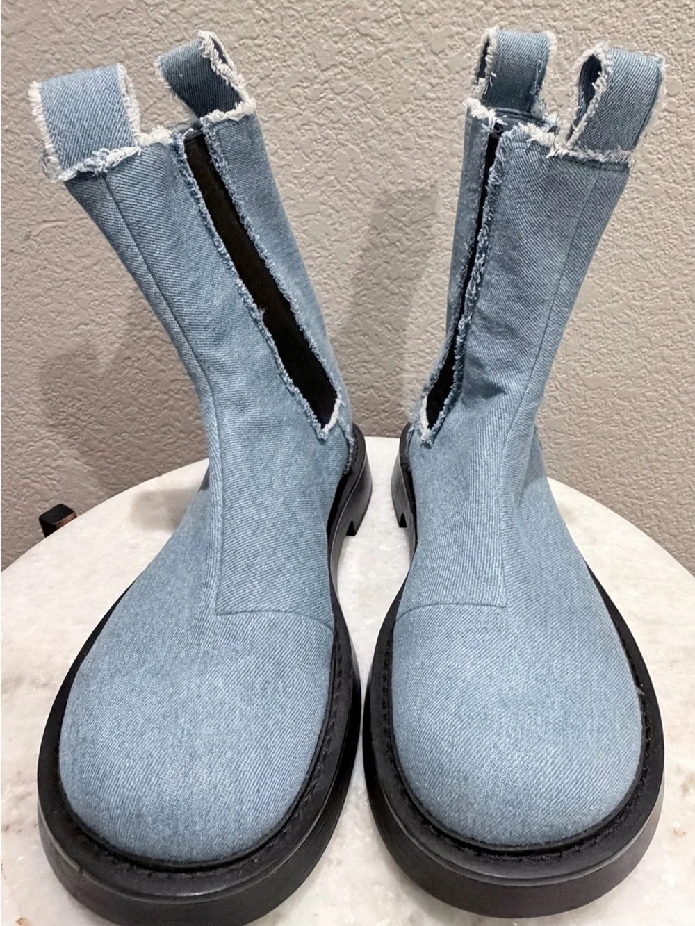 Charles & Keith Light Blue Denim Chelsea Booties with Black Panels